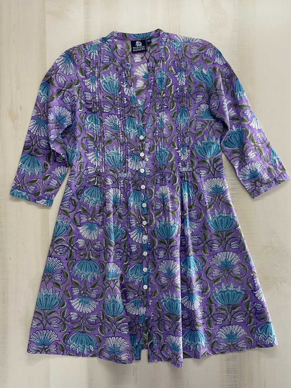 MADISON MATHEWS block print India purple blue floral dress tunic XS